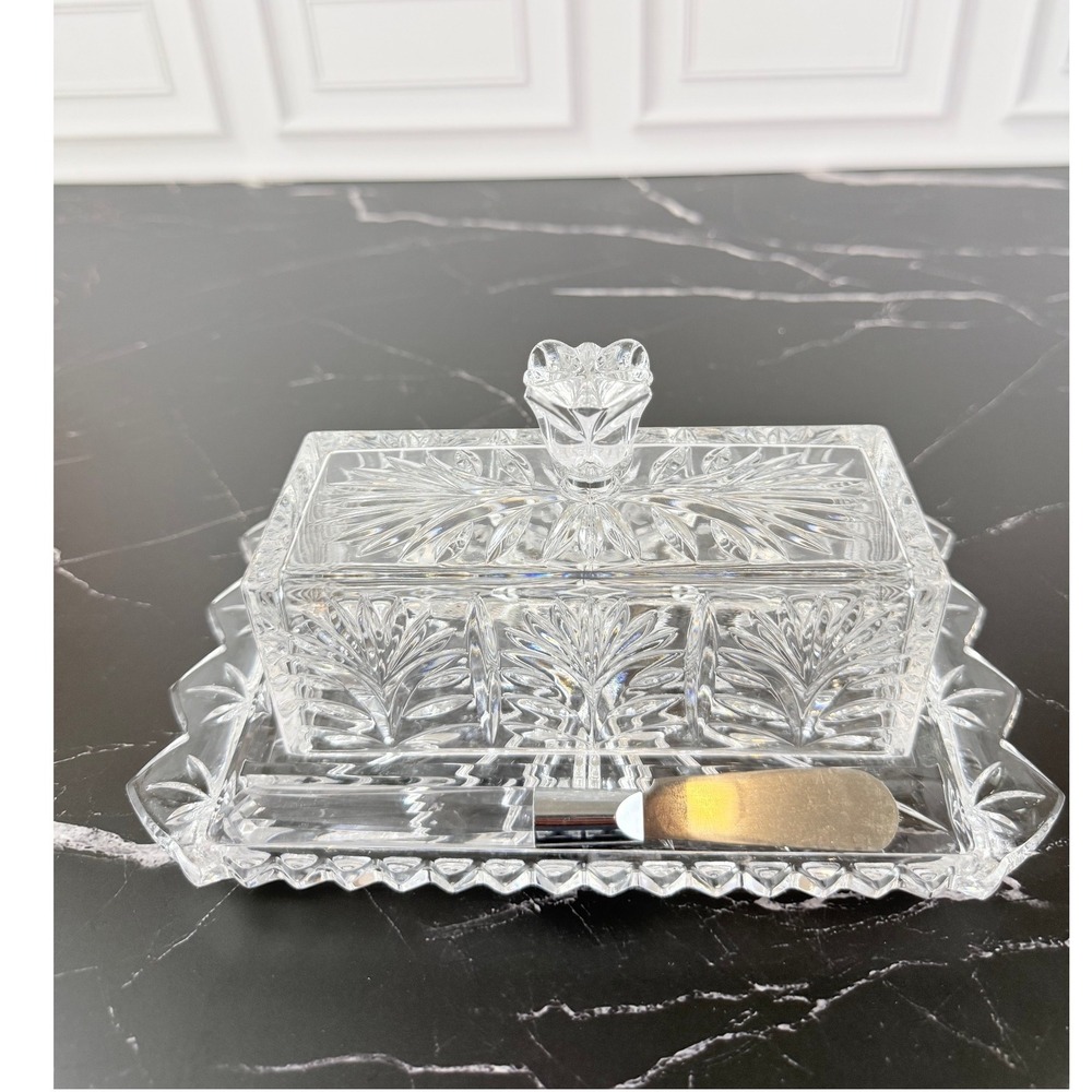 VTG Fifth Avenue Crystal Butter Dish with Underplate and Butterknife 3 Piece